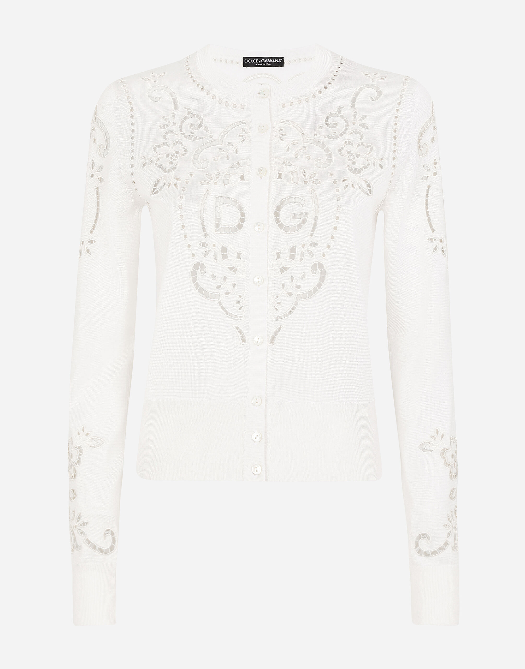 Dolce & Gabbana Silk cardigan with DG openwork embroidery White FXJ16TJEMO7