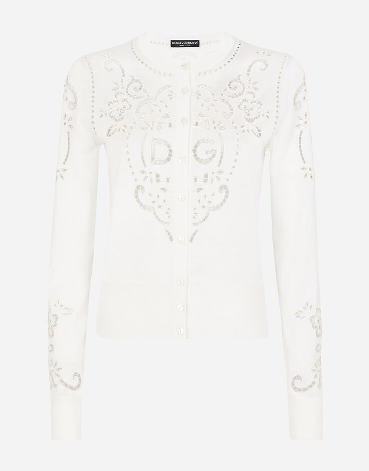 Dolce & Gabbana Silk cardigan with DG openwork embroidery White FX303ZJASPY