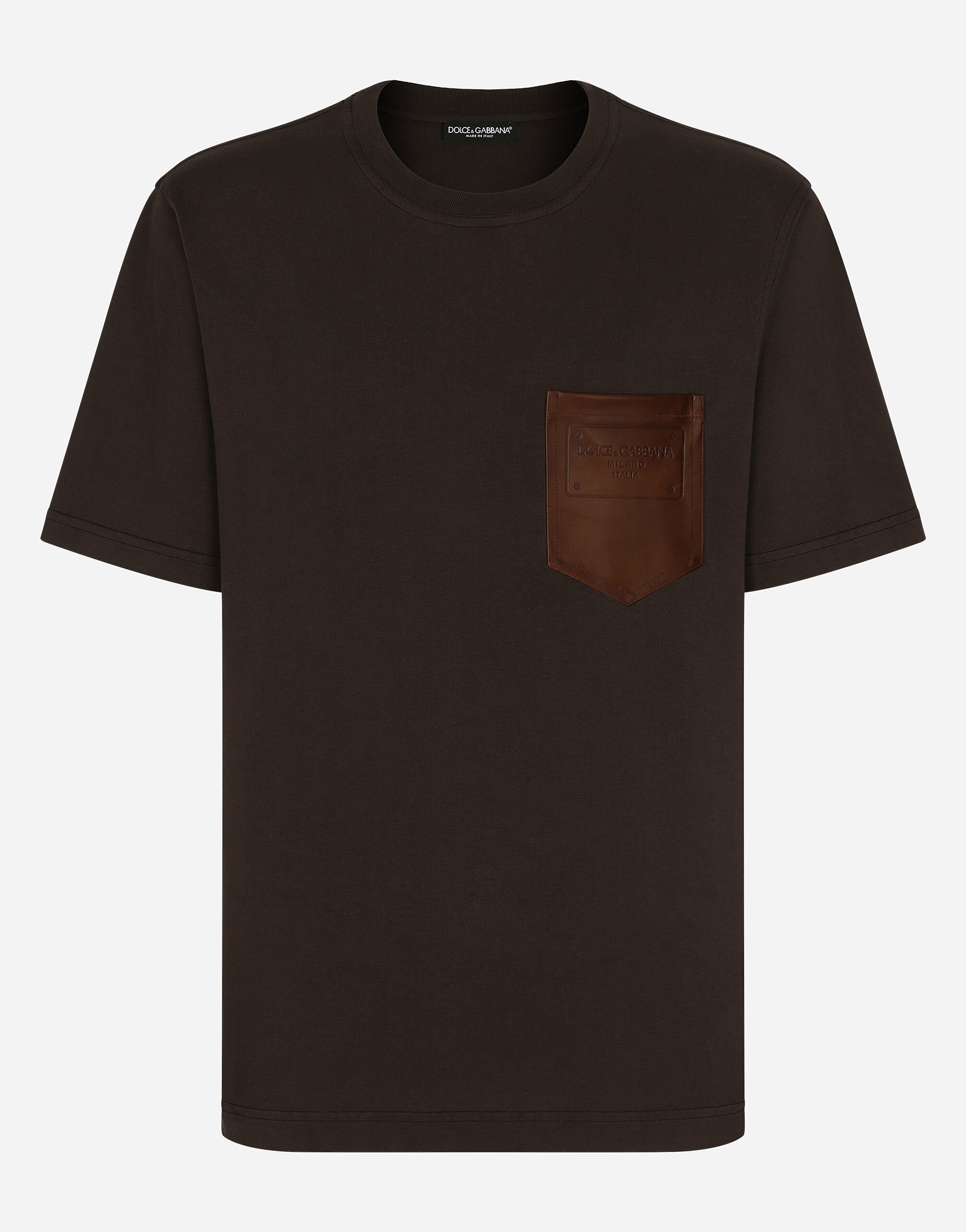 Dolce & Gabbana T-Shirt aus Baumwolle mit Brusttasche aus Leder und Logo Mehrfarbig G8PN9TG7NPZ