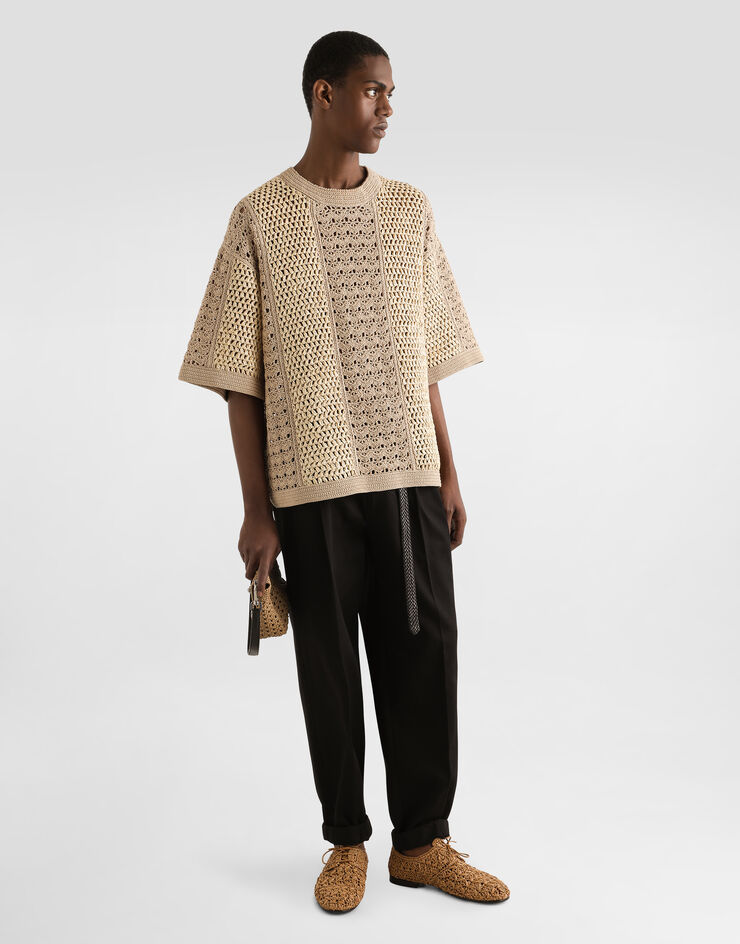 Dolce & Gabbana Jersey de cuello redondo de ganchillo de algodón y viscosa Beige GXXA1TJFMNE