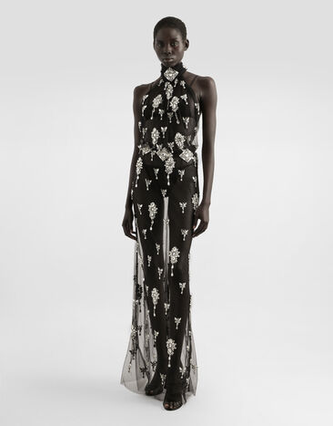 Dolce & Gabbana Long dress in tulle embroidered with rhinestones Multicolor F60D9ZGDDF3