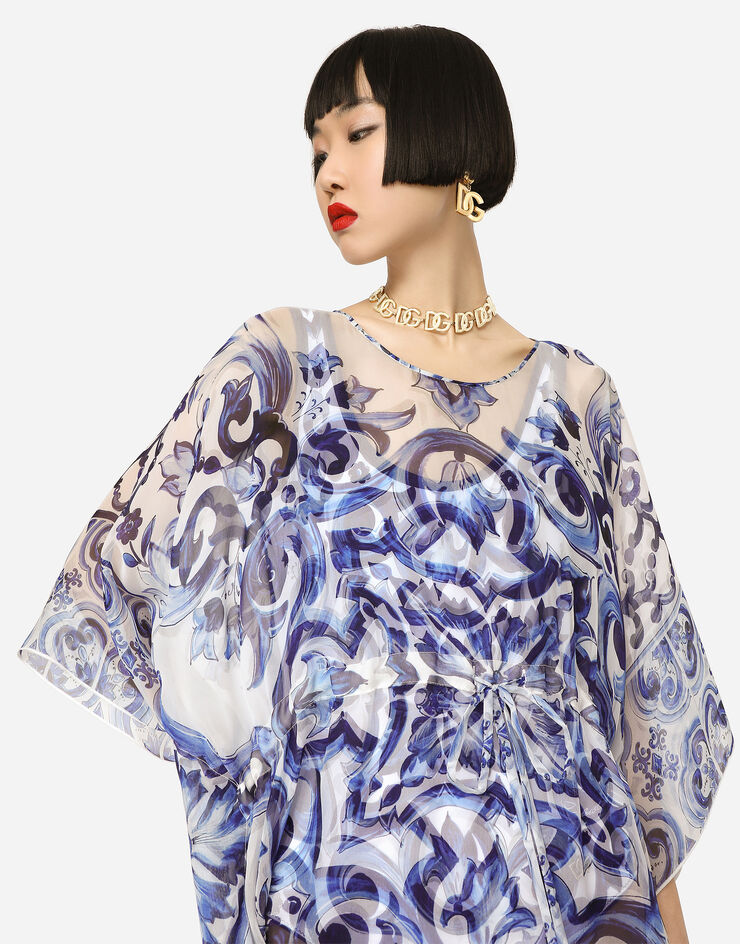 Dolce&Gabbana Kurzer Kaftan aus Chiffon Majolika-Print Mehrfarbig F6F1ITHI1BL