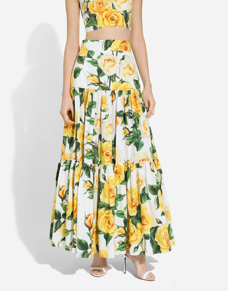 Dolce & Gabbana Falda de volantes larga de algodón con estampado de rosas amarillas Imprima F4A8QTHS5M3