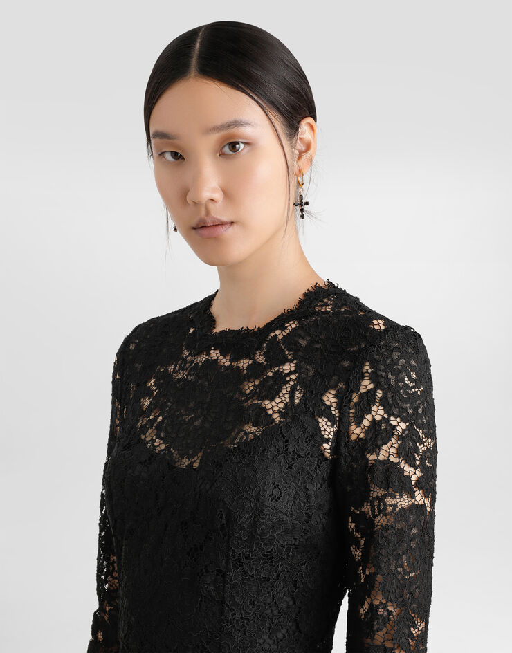 Dolce & Gabbana Longuette-Langarmkleid aus elastischer Spitze mit Logo Schwarz F6M0DTHLM7L