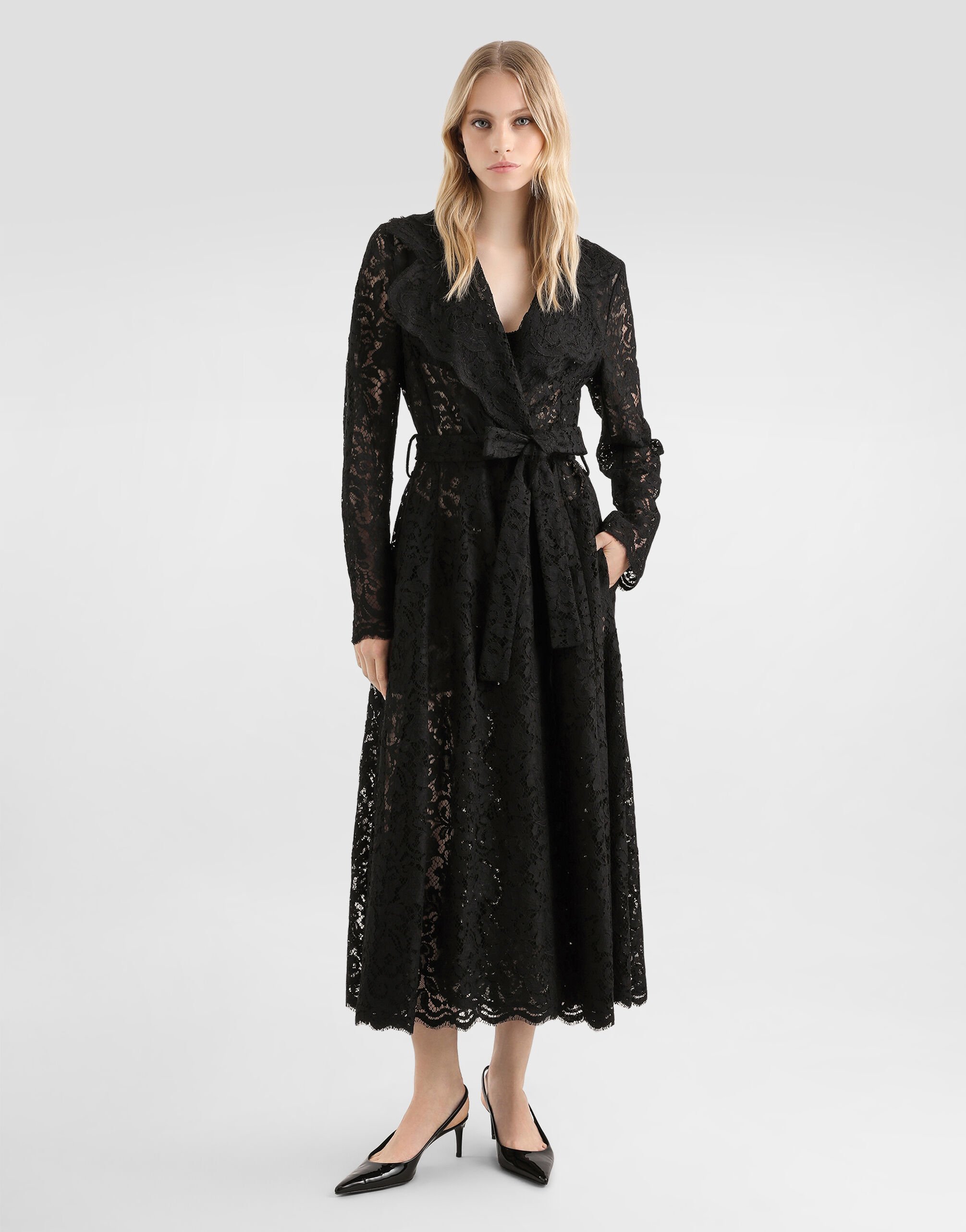 Long double-breasted cordonetto lace coat in Black for Women Long double-breasted cordonetto lace coat in Black for Women