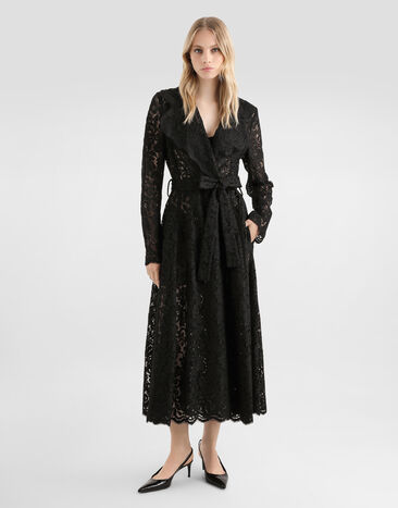 Dolce & Gabbana Длинное двубортное пальто из кордового кружева Black F0W0KTHLMTB