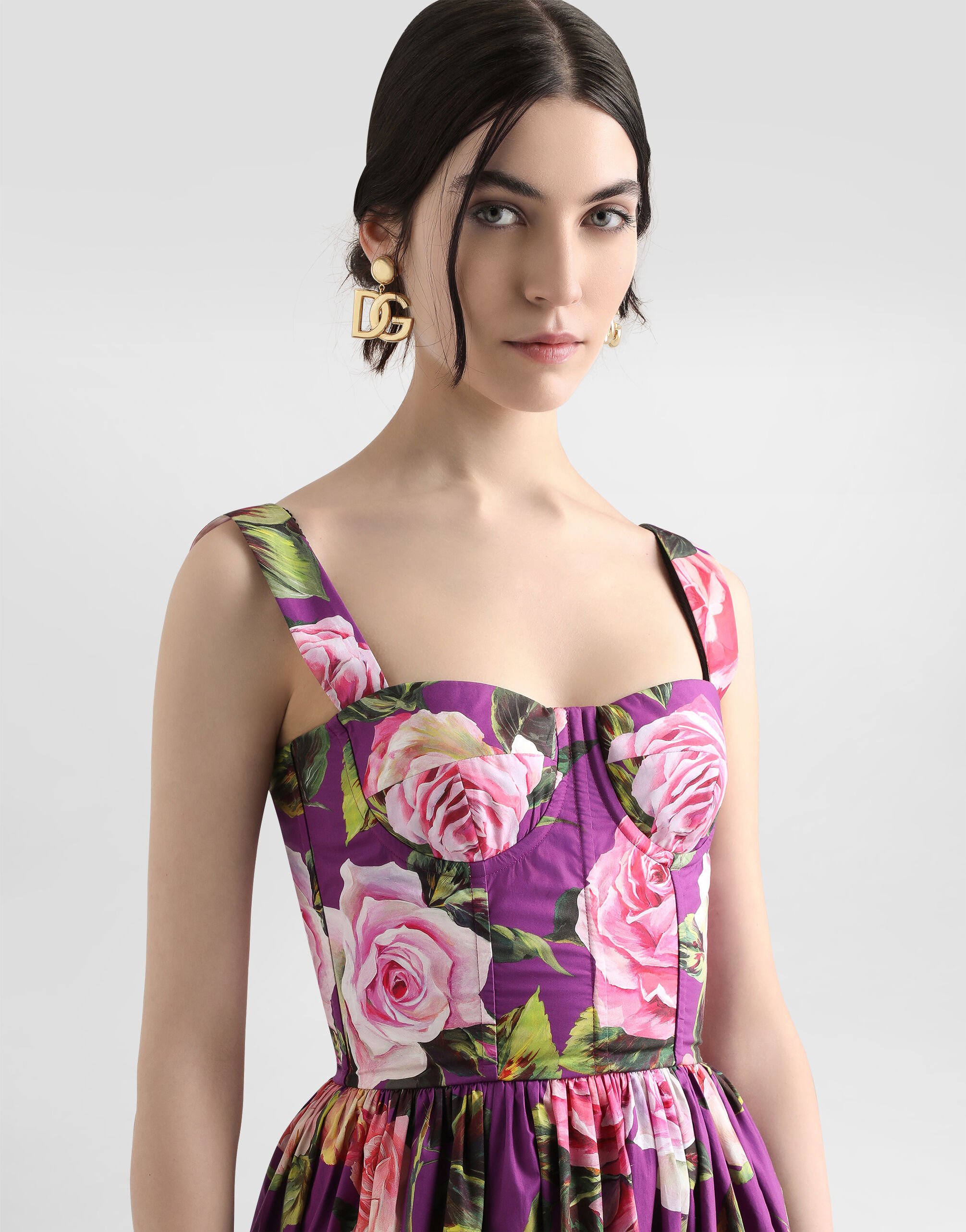 Short cotton dress with floral print and tie details in