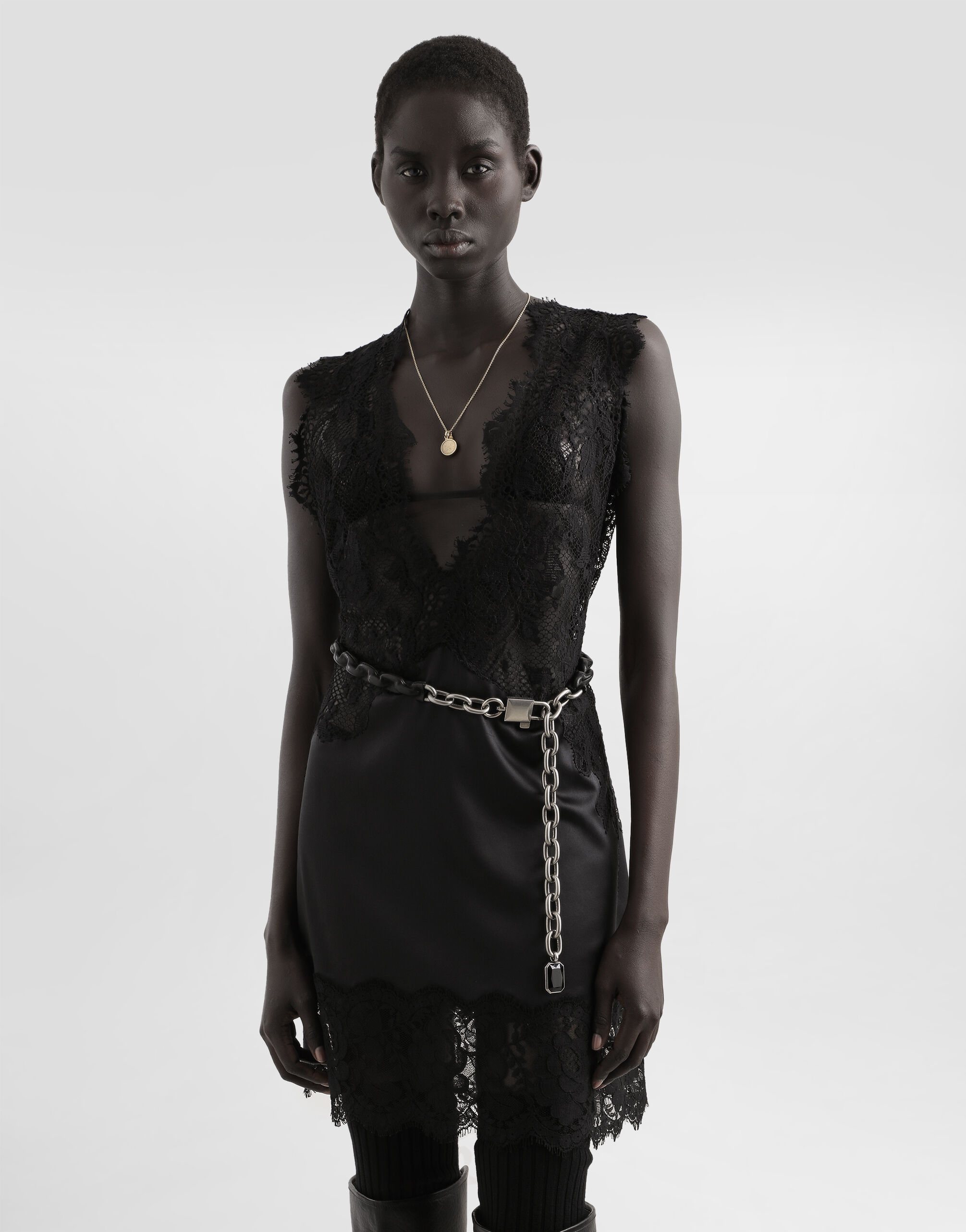 Short dress with lace in Black for Women | Dolce&Gabbana® US