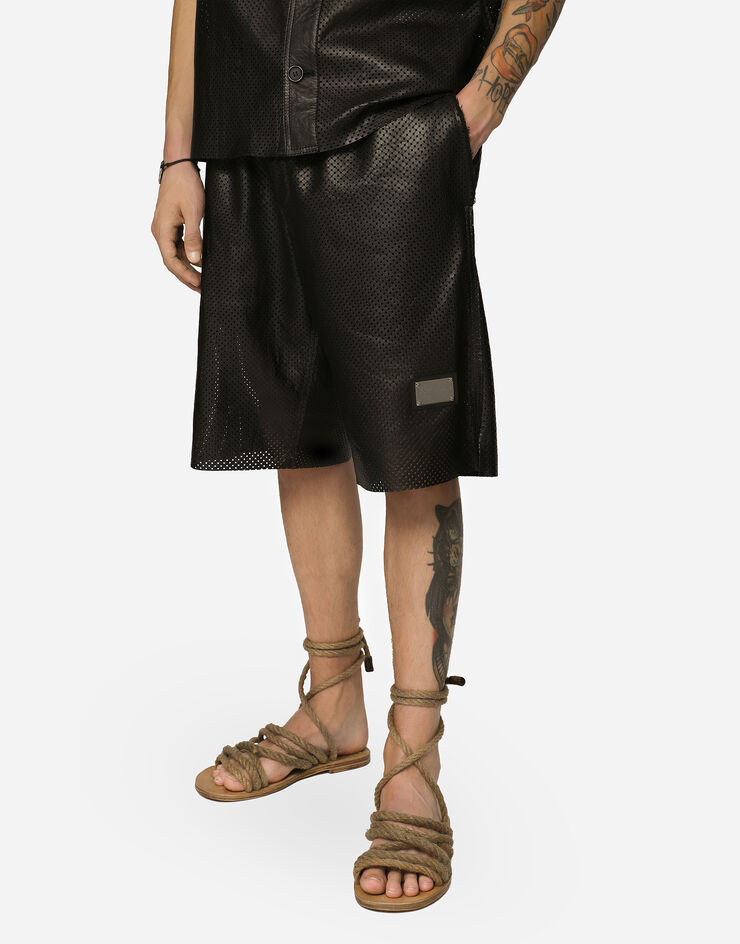 Dolce&Gabbana Openwork leather Bermuda jogging pants with brand plate Black GV6HALHULS1