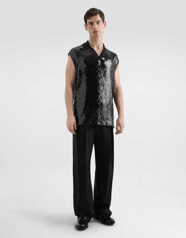 Dolce & Gabbana Sleeveless polo with sequins Black G8ST8TFLSEP