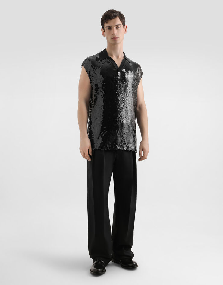 Dolce & Gabbana Sleeveless polo with sequins Black G8ST8TFLSEP