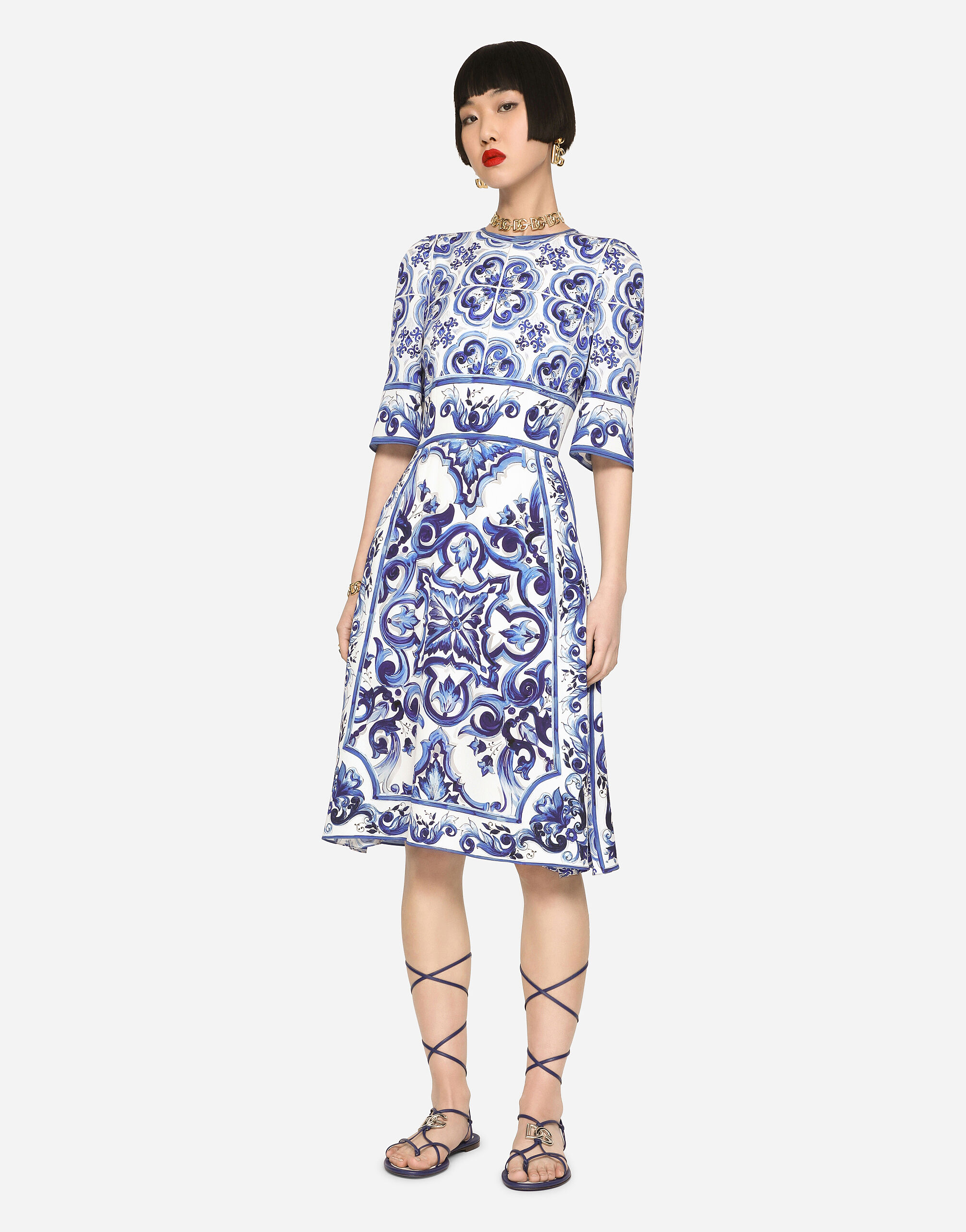 Abito midi in charmeuse stampa maiolica in Multicolore da Donna Dolce Gabbana