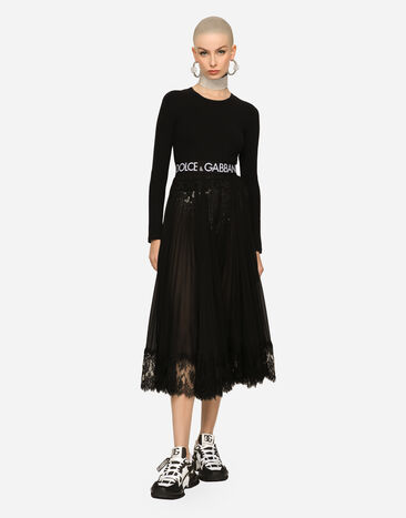 Dolce & Gabbana 로고 신축 밴드 저지 긴소매 크롭 티셔츠 블랙 F8N51TFUEEY