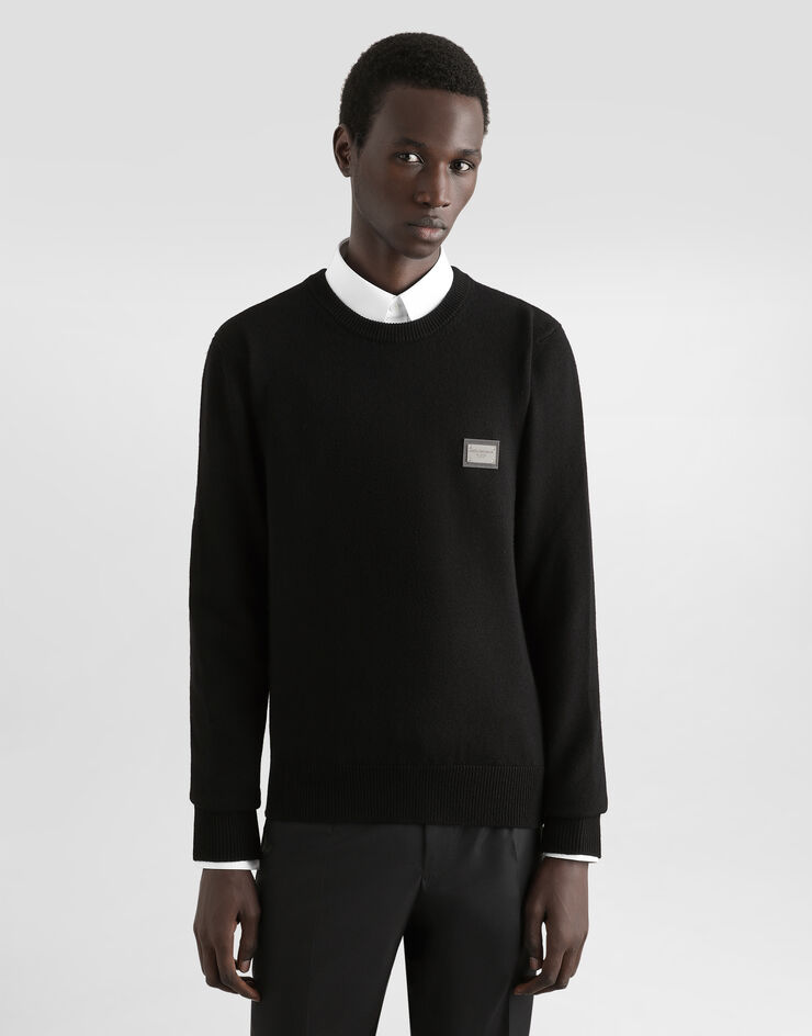 Dolce & Gabbana Wool round-neck sweater with branded tag Black GXO39TJEMQ4