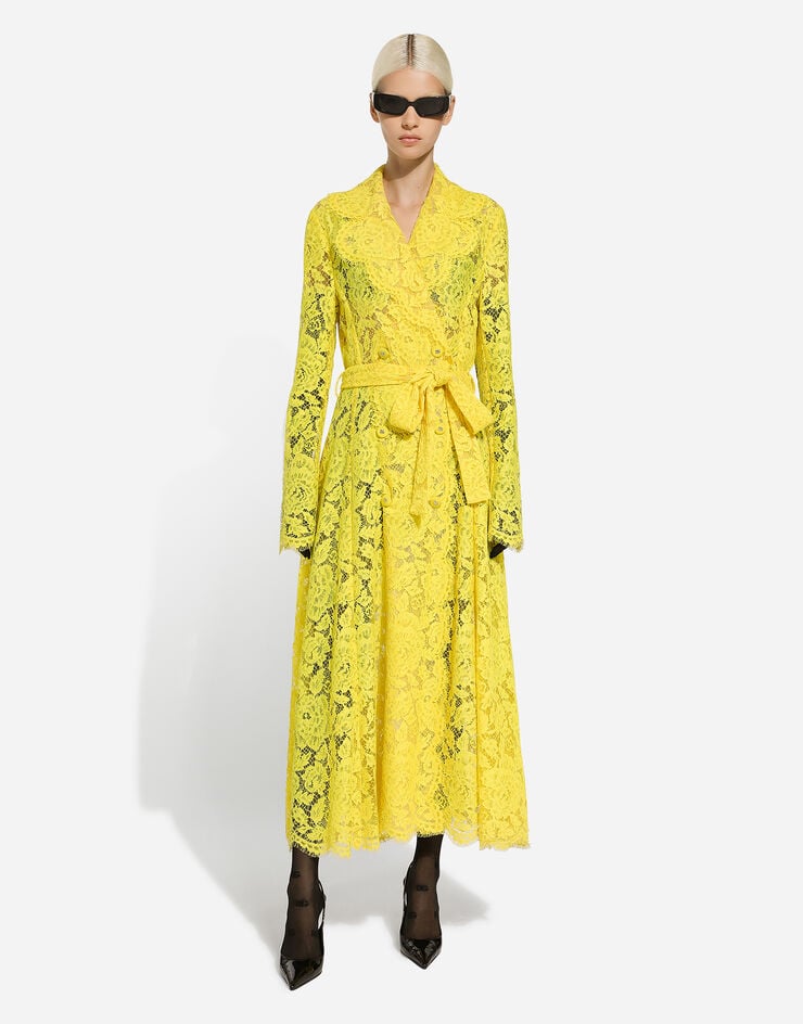 Dolce & Gabbana Branded floral cordonetto lace trench coat Yellow F0W0KTHLM7L