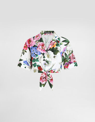 Dolce & Gabbana Cotton pussy-bow shirt with floral print Print F5S61TIS1Y6