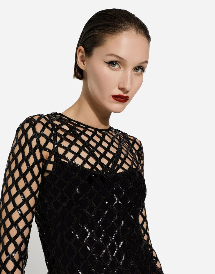 Dolce & Gabbana فستان شبكي طويل بترتر أسود F6DFDTFLSIO