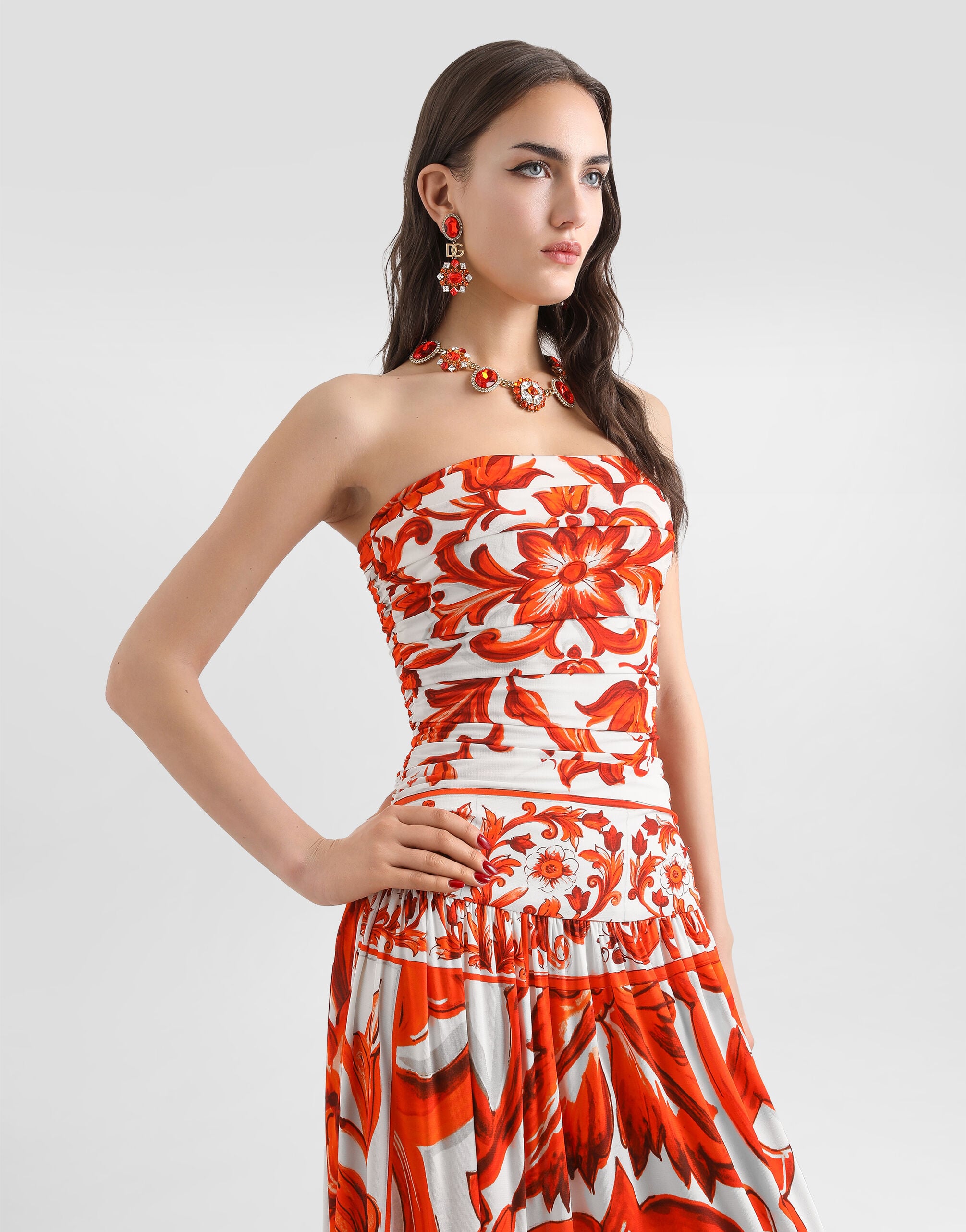 Majolica-print organzine long dress in Multicolor for Women