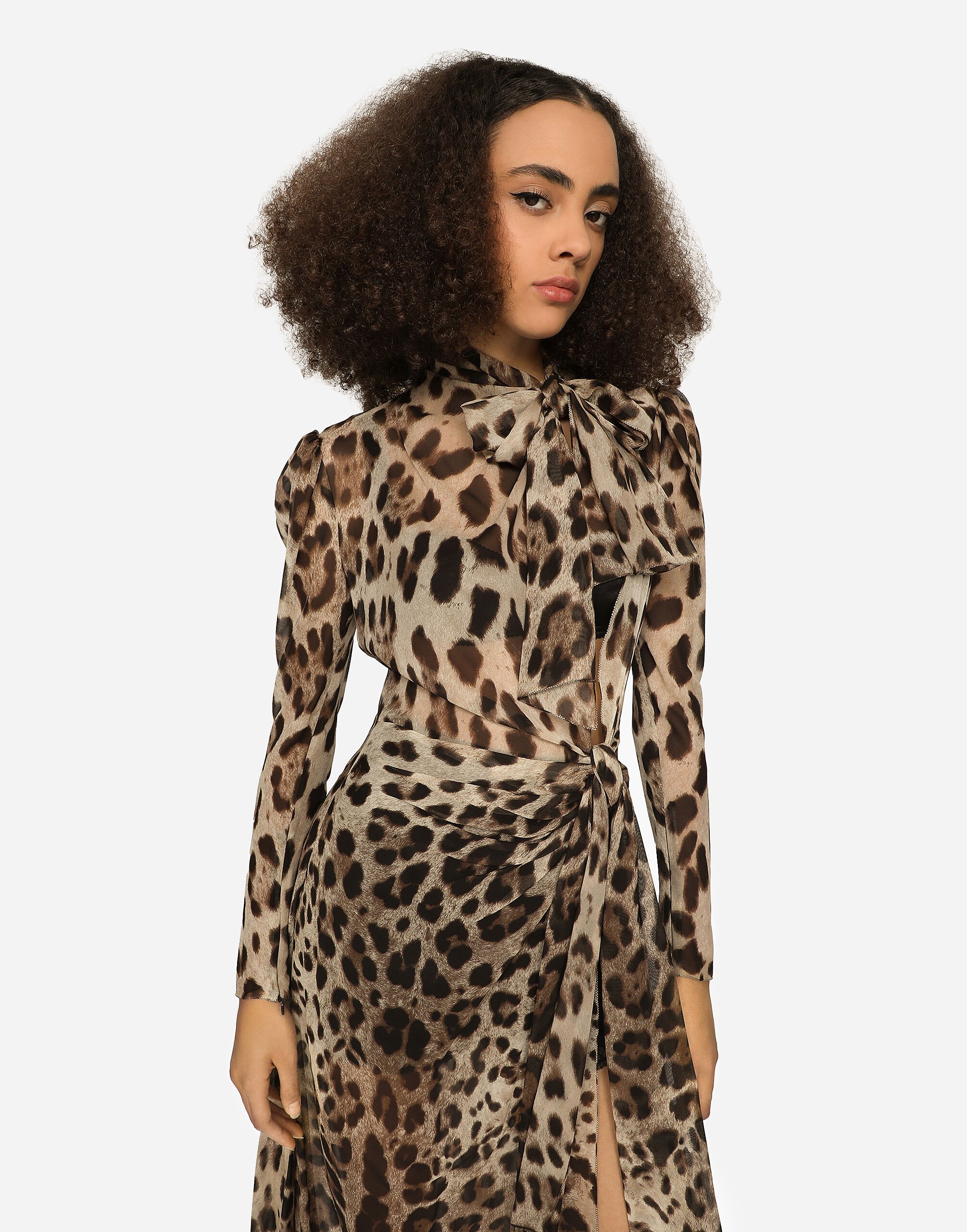 Georgette dress with leopard print and tie details in Animal Print for Women Dolce Gabbana US