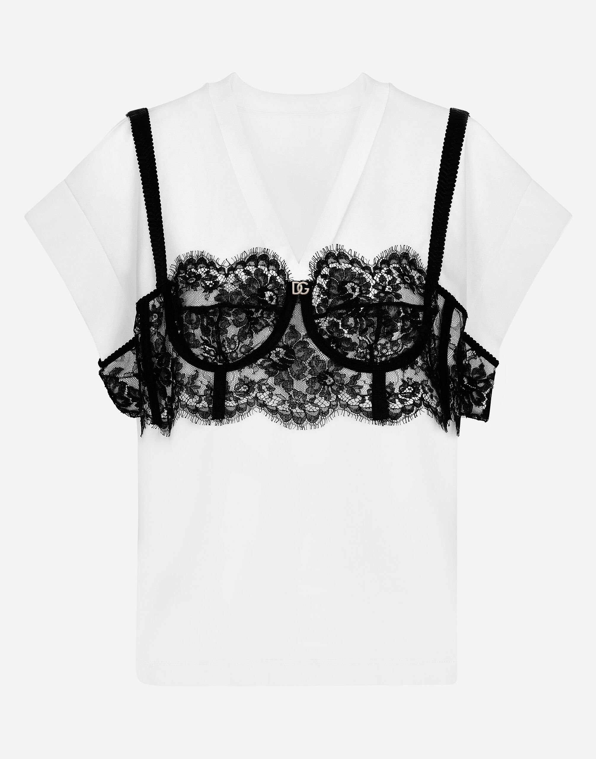 Dolce & Gabbana Camiseta de punto con detalle de bustier en encaje Blanco F8T00ZG7H1Z