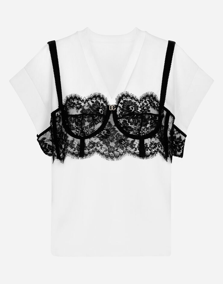 Dolce & Gabbana T-shirt in jersey con dettaglio bustier in pizzo Bianco F8Q93ZG7E7I