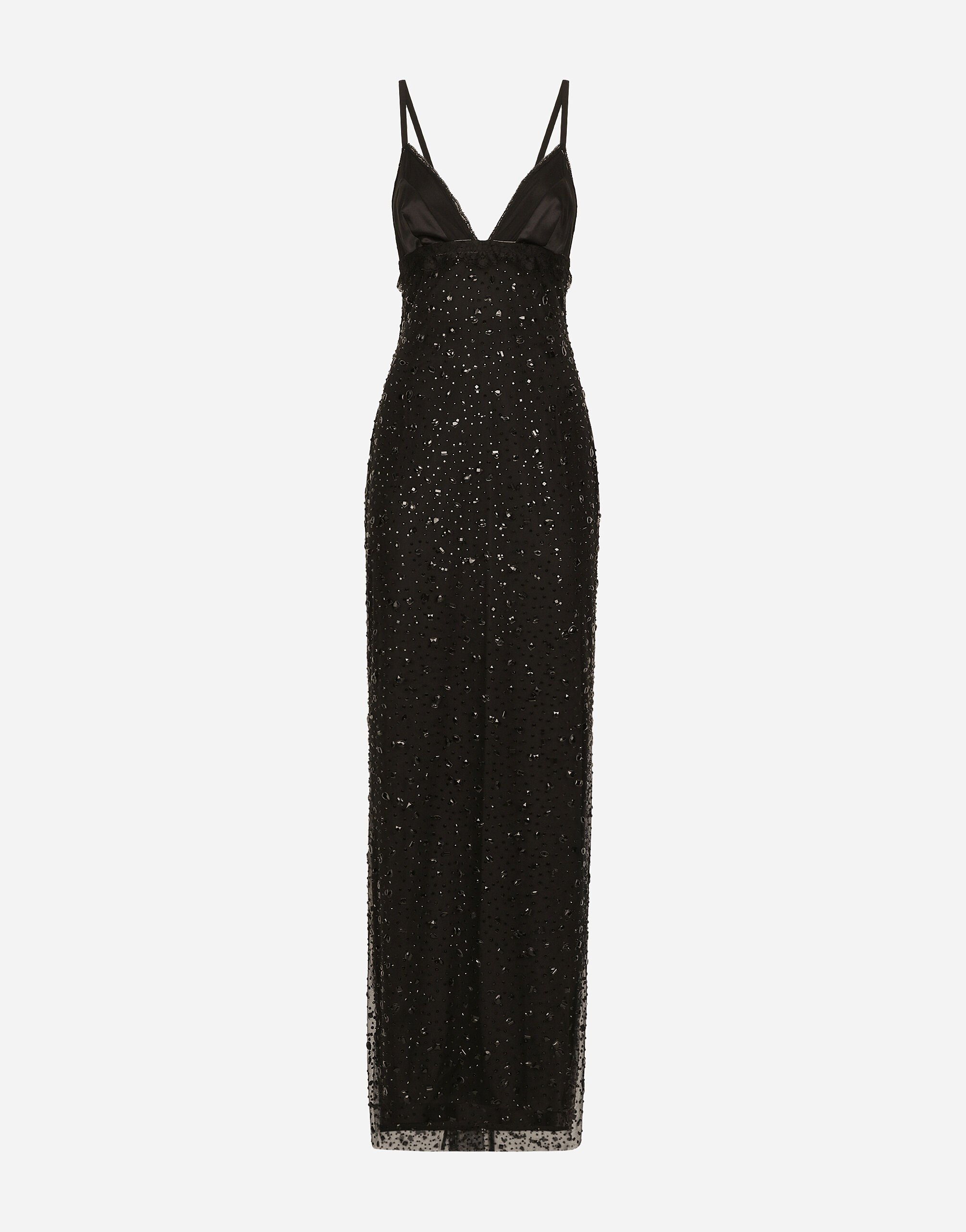 Dolce & Gabbana Langes Slip Dress aus Tüll mit Allover-Strassstickerei SCHWARZ LB1A58G0U05