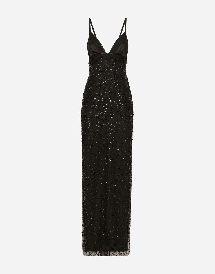 Dolce&Gabbana Langes Slip Dress aus Tüll mit Allover-Strassstickerei Schwarz F6DFFZHLSAZ