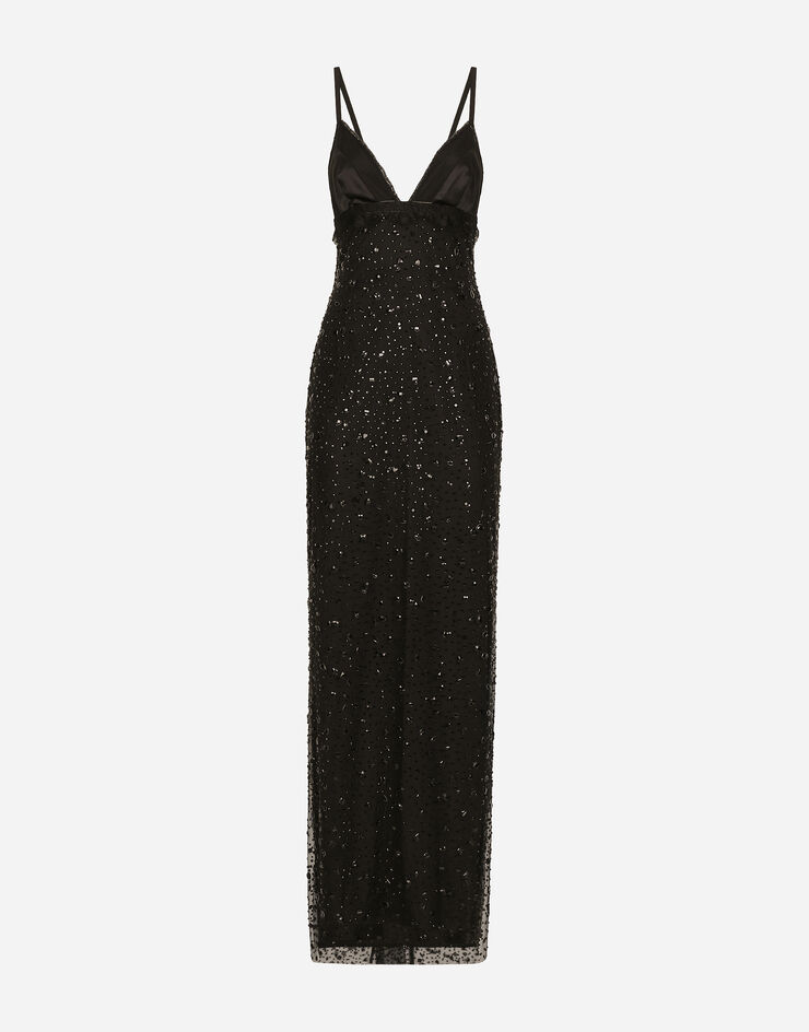 Dolce&Gabbana Long tulle slip dress with all-over rhinestone embellishment Black F6DFFZHLSAZ