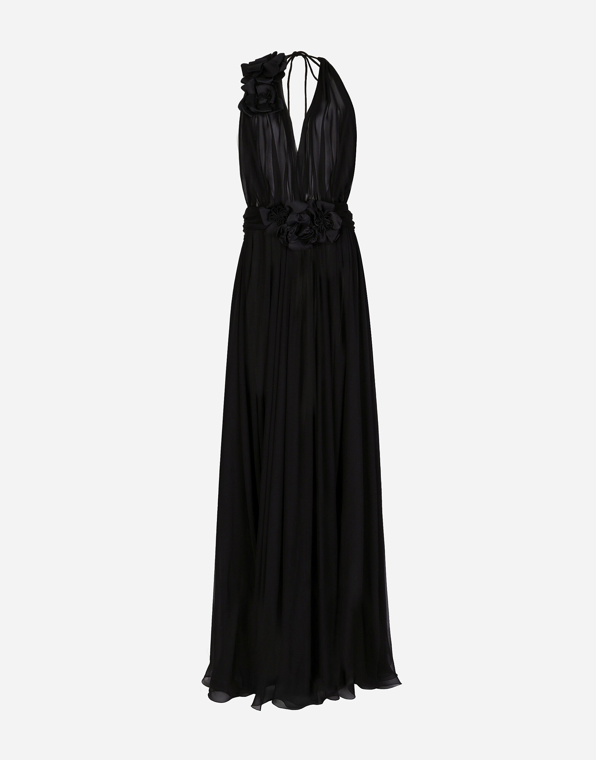 Dolce&Gabbana Langes Kleid aus Seidenchiffon mit Blumenapplikationen Schwarz F6DKITFU1AT