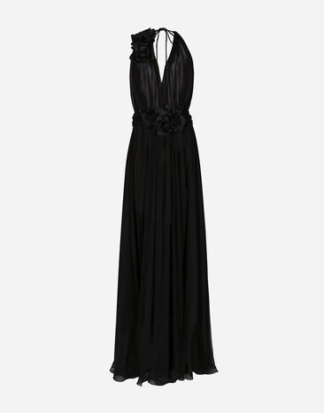 Dolce&Gabbana ロングドレス シルクシフォン フラワーデコレーション ブラック F6DKITFU1AT