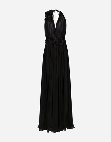 Dolce&Gabbana Abito lungo in chiffon di seta con fiori applicati Nero F6DJSTFU1AT