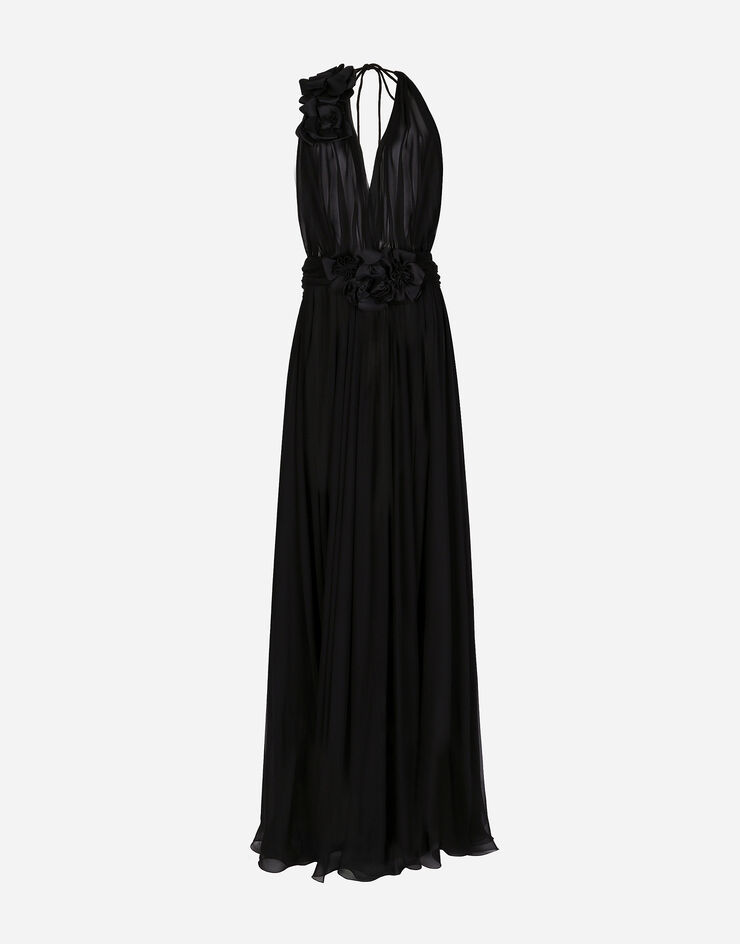 Dolce&Gabbana Langes Kleid aus Seidenchiffon mit Blumenapplikationen Schwarz F6DJSTFU1AT