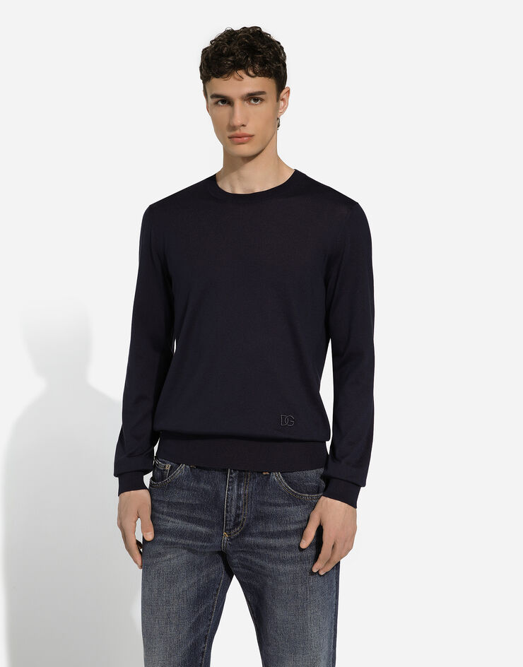 Dolce & Gabbana Silk round-neck sweater with DG embroidery  Blue GXX02ZJBSF8