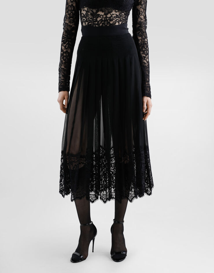 Dolce & Gabbana Calf-length circle skirt in pleated georgette with lace trims Black F4BFTTFUSNW