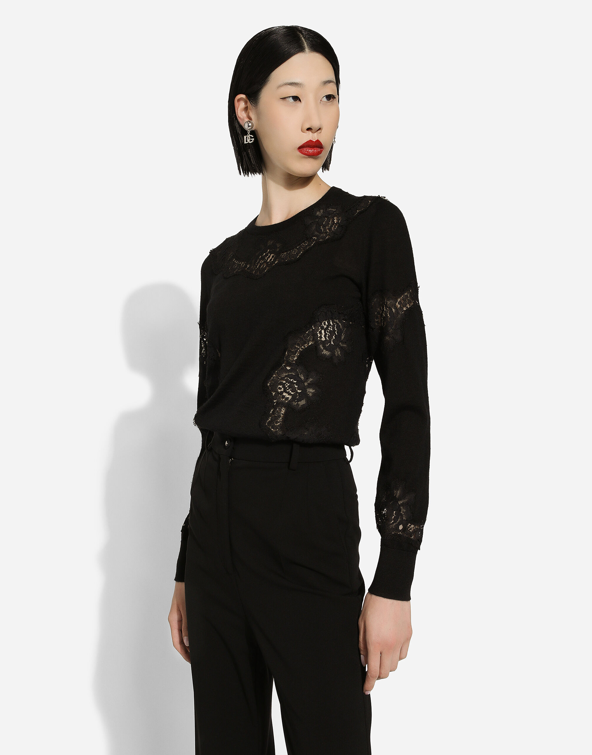 Cashmere and silk sweater with lace inlay in Black for Women