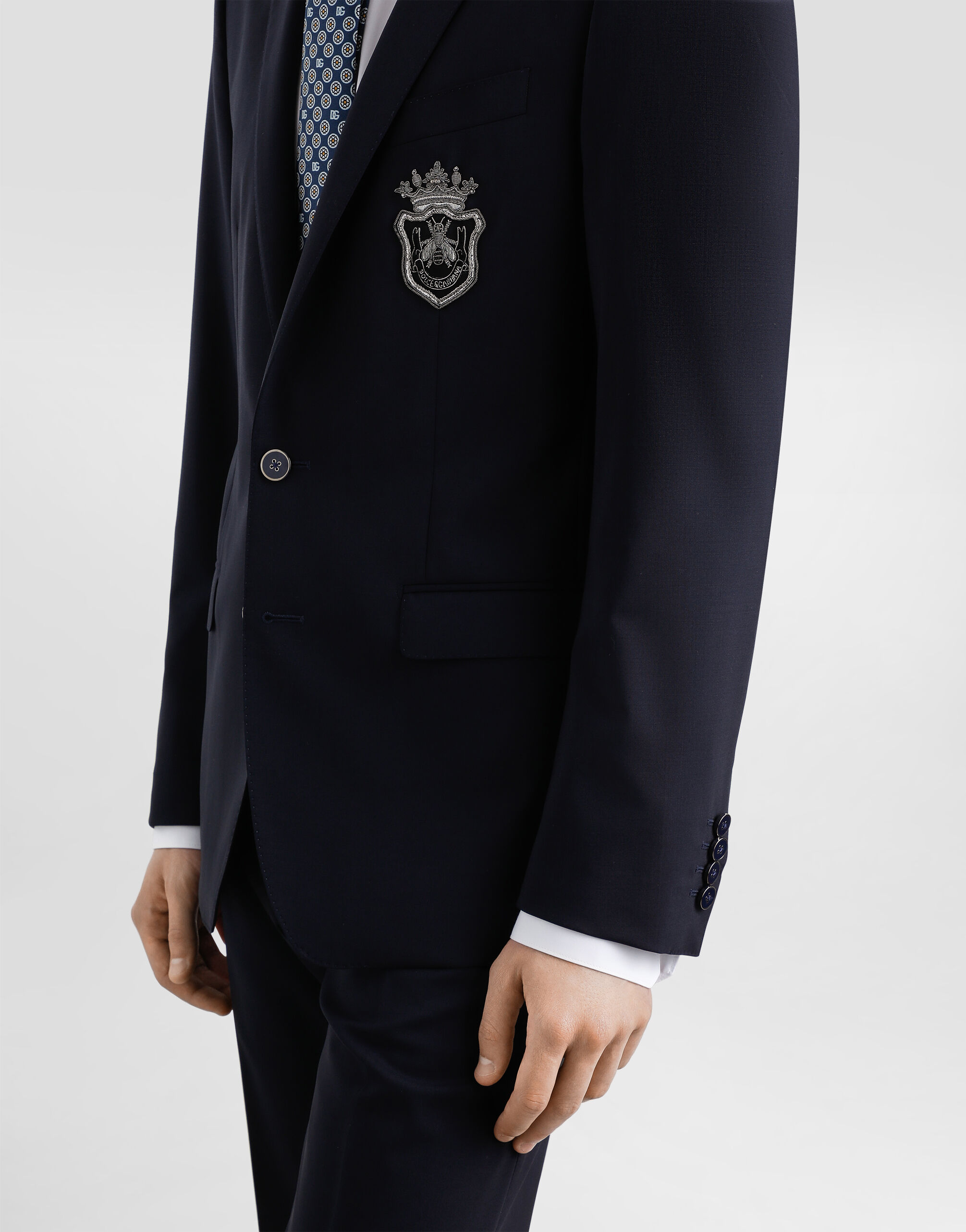 Single-breasted wool Martini-fit suit with bee and crown emblem in Blue for  Men | Dolce&Gabbana®