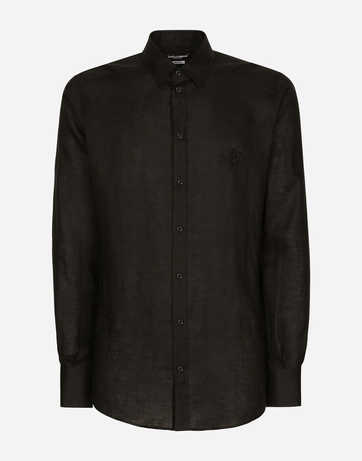 Dolce & Gabbana Linen Martini-fit shirt with DG embroidery Black G5EJ1ZFU4IK