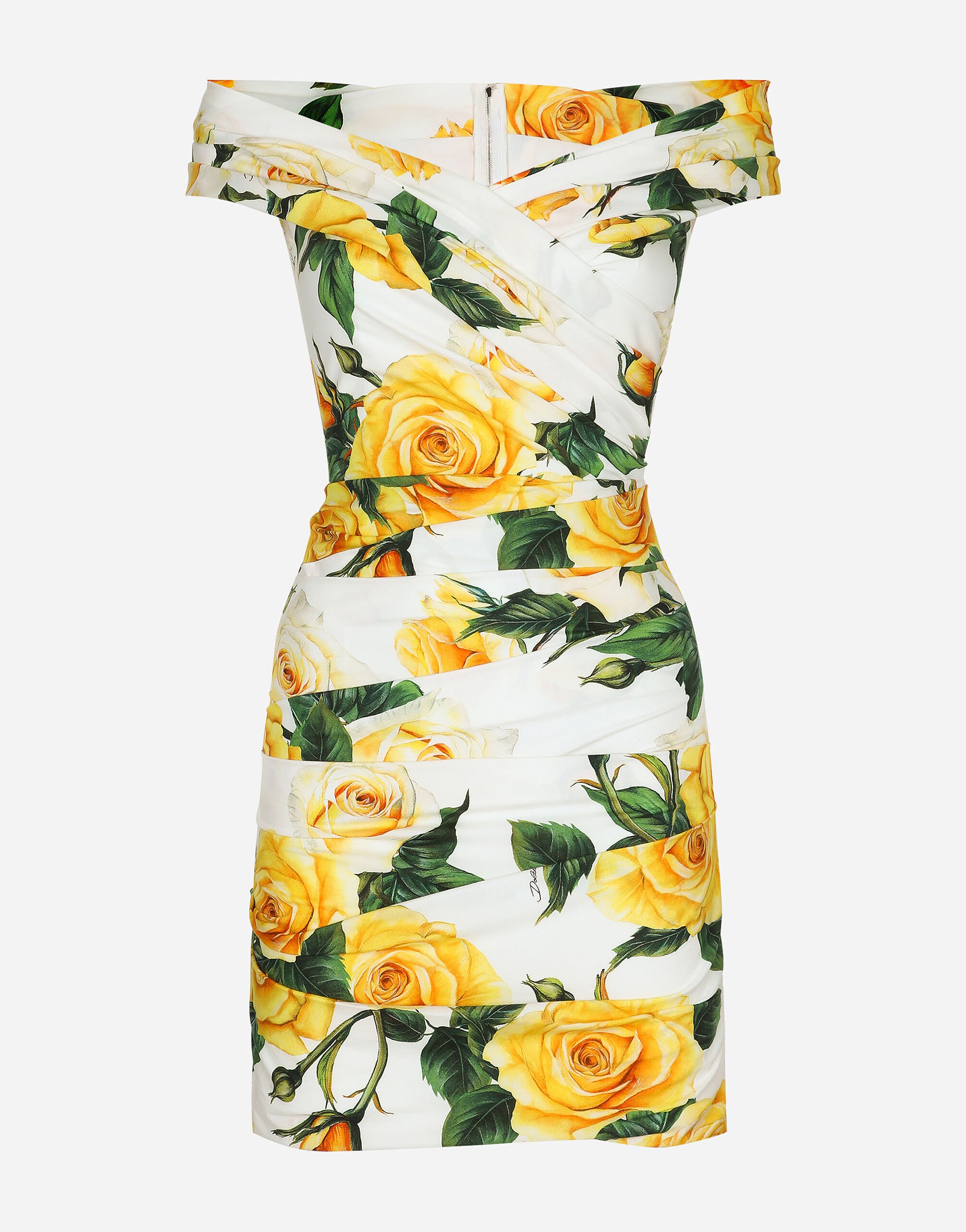 Dolce & Gabbana Vestido corto drapeado de algodón con estampado de rosas amarillas Estampado F6GAZTHS5Q0