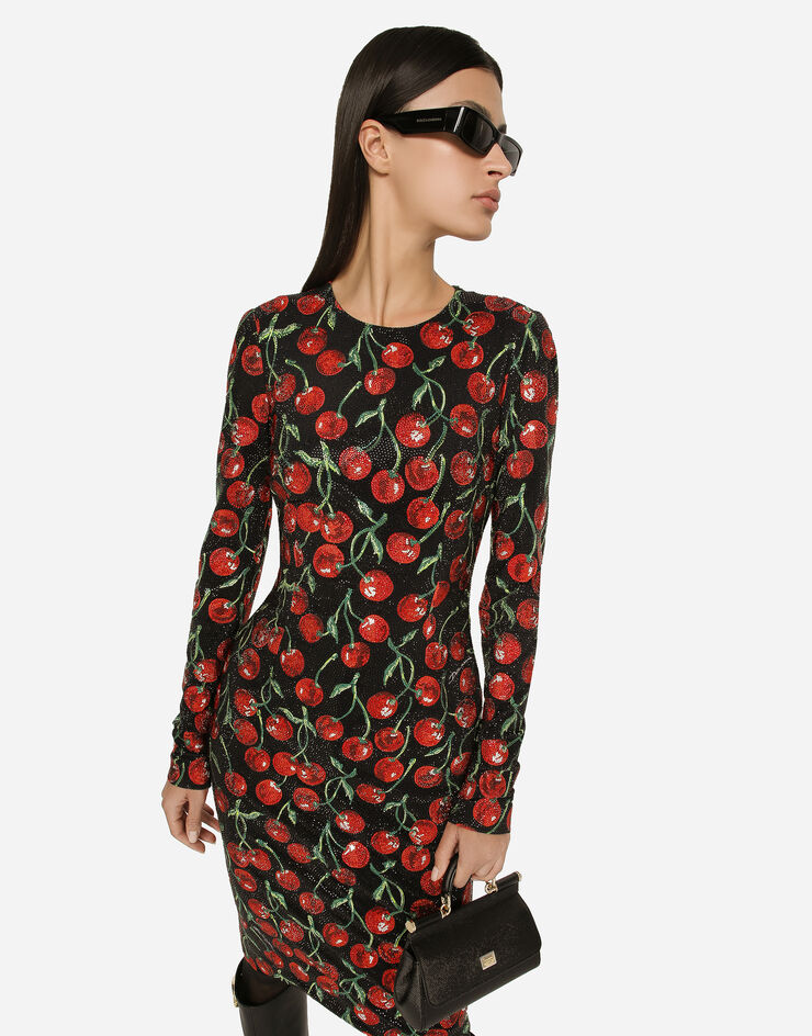 Dolce&Gabbana Cherry-print jersey midi dress with fusible rhinestones Multicolor F6CPQZGDBV6