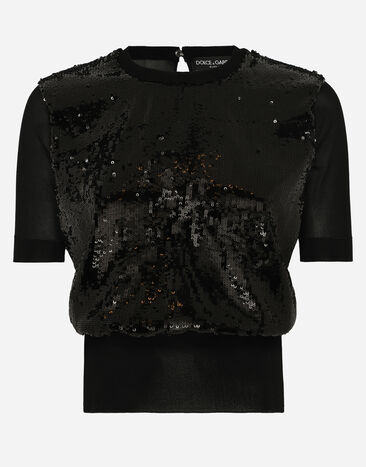 Dolce & Gabbana Kurzarm-Pullover mit Paillettenstickerei Schwarz FXX01TJAIQ0