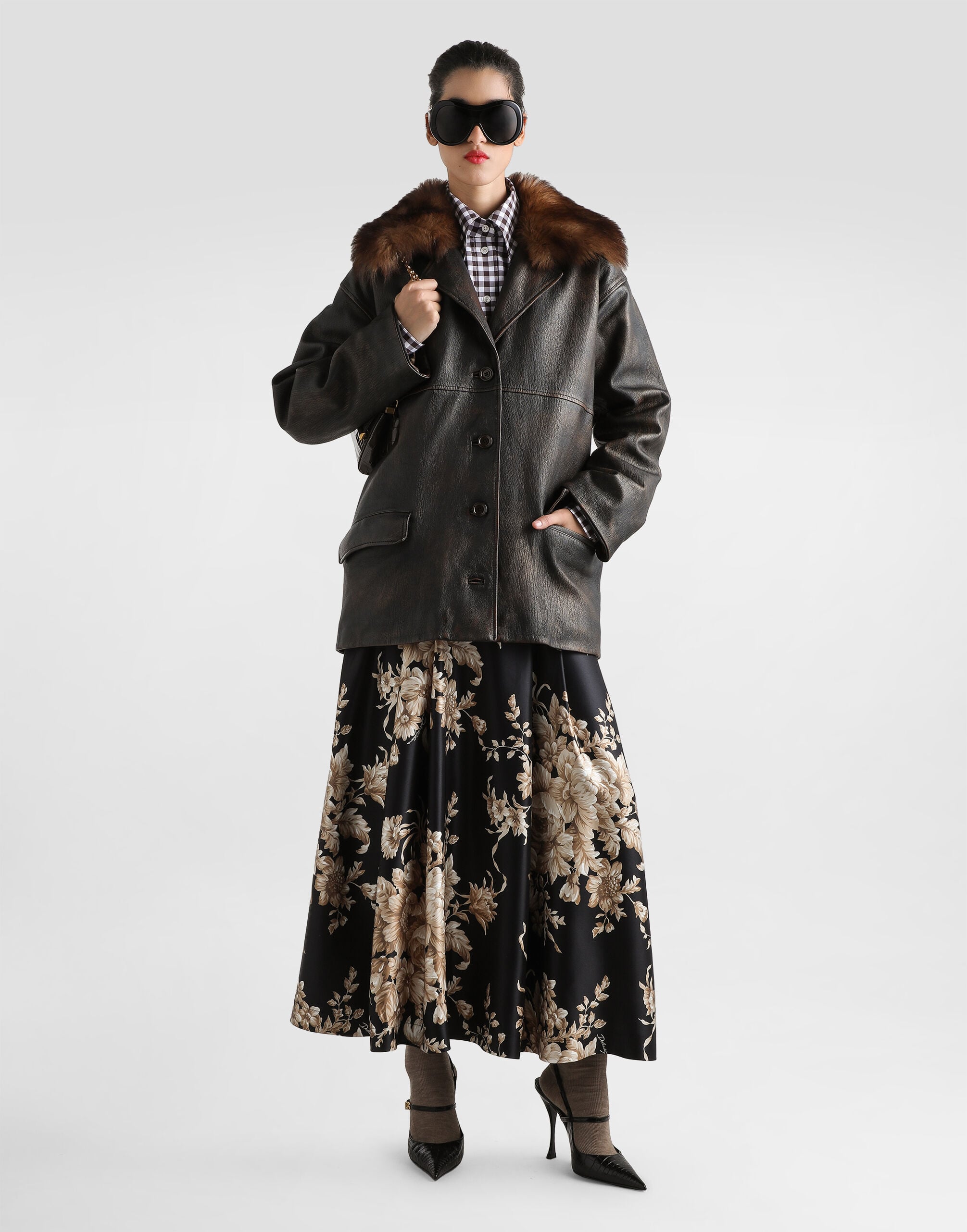 Leather jacket with fur collar in Brown for Women | Dolce&Gabbana®