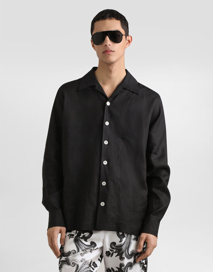 Dolce & Gabbana Camicia hawaii in tela di lino Nero G5GX9TFU4IK