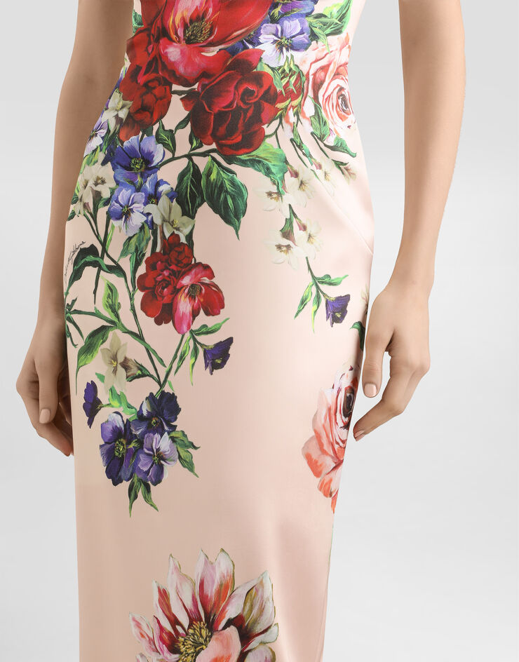 Dolce & Gabbana Abito longuette a tubino in raso stampa Fiori Stampa F6TTYTFSIB5