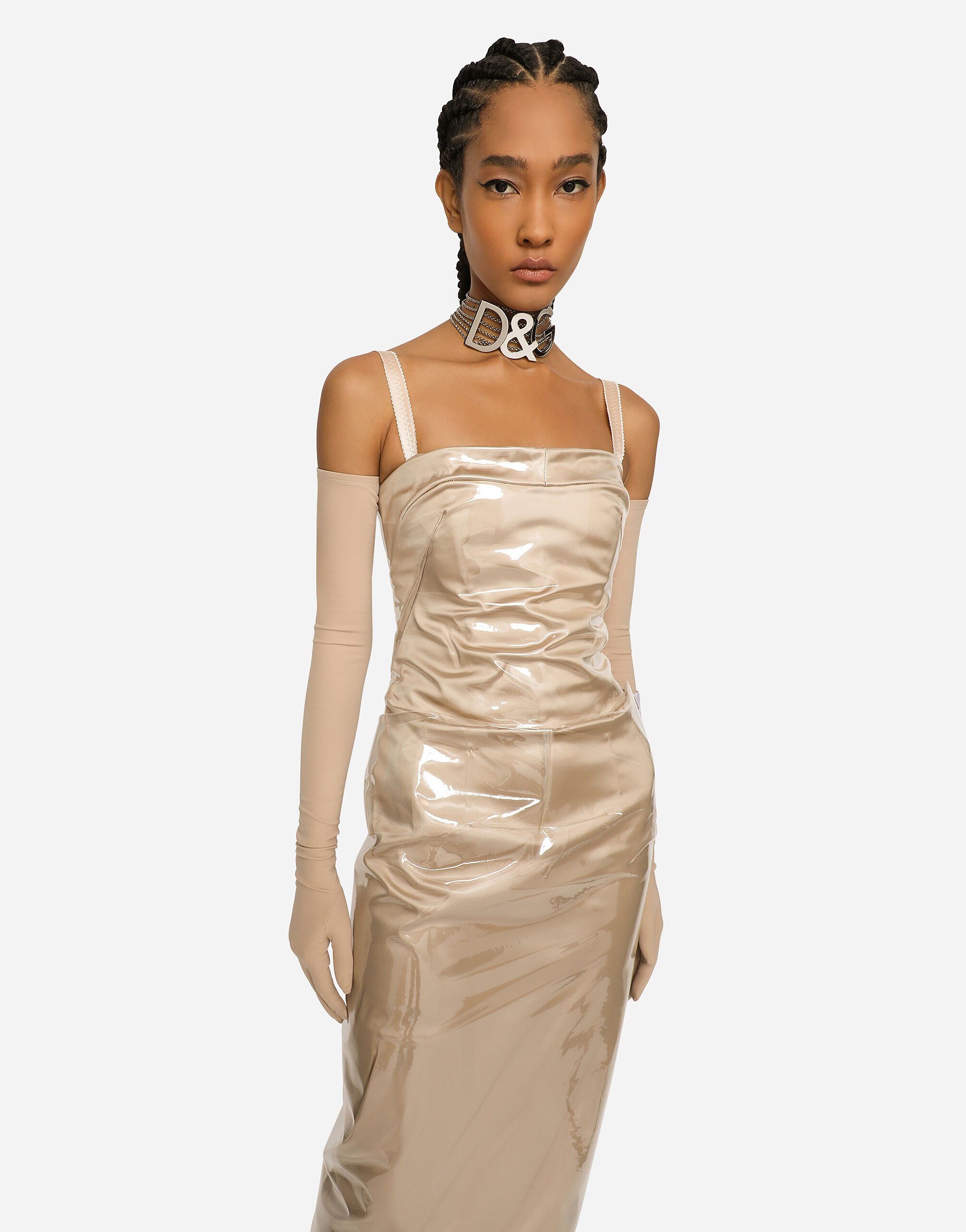 KIM DOLCE GABBANA Long satin and PVC calf length dress in Beige for Women Dolce Gabbana US