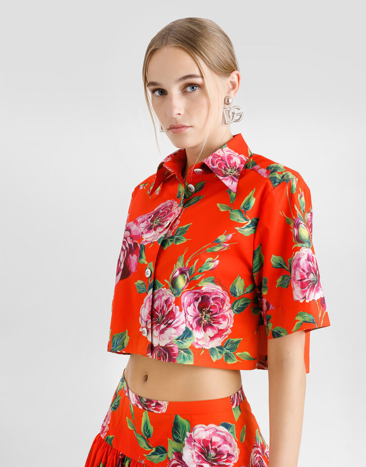 Dolce & Gabbana قميص قطني قصير بطبعة وردة عتيقة مطبعة F5Q20THS5TI