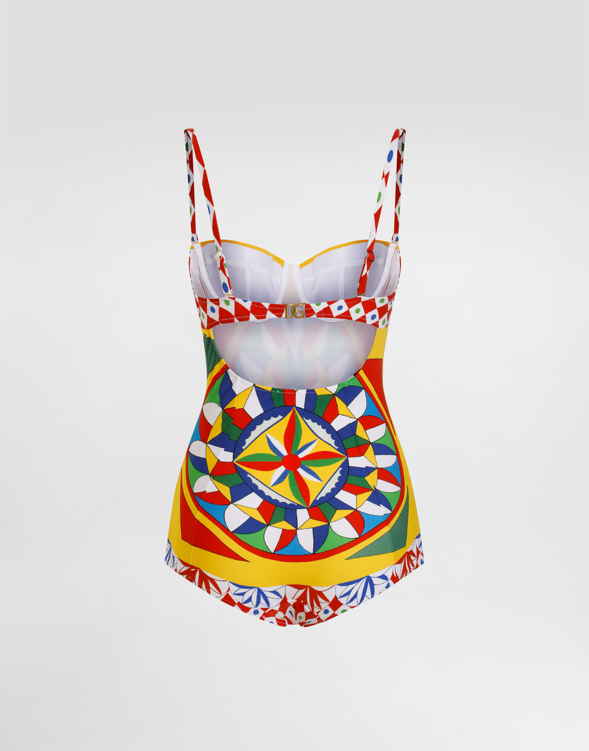 Carretto-print balconette one-piece swimsuit in Red for