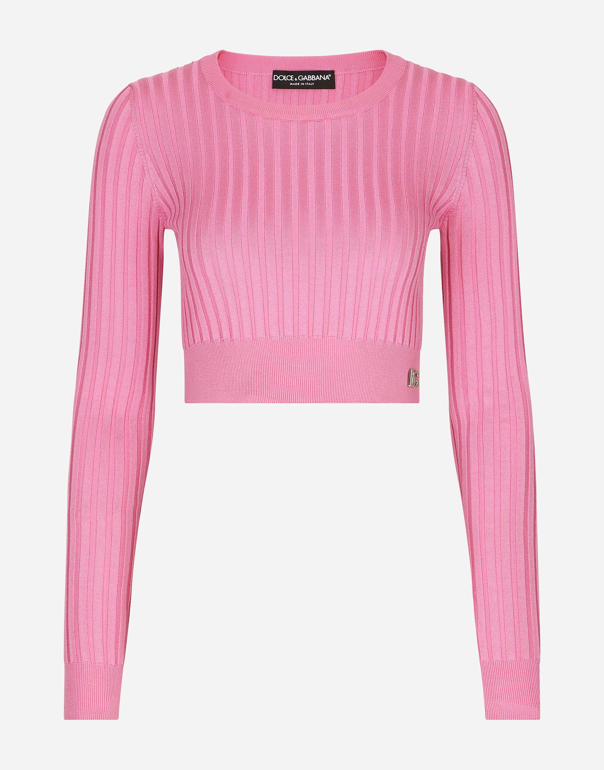 Dolce & Gabbana Cropped sweater in ribbed silk Pink F79DATFMMHN