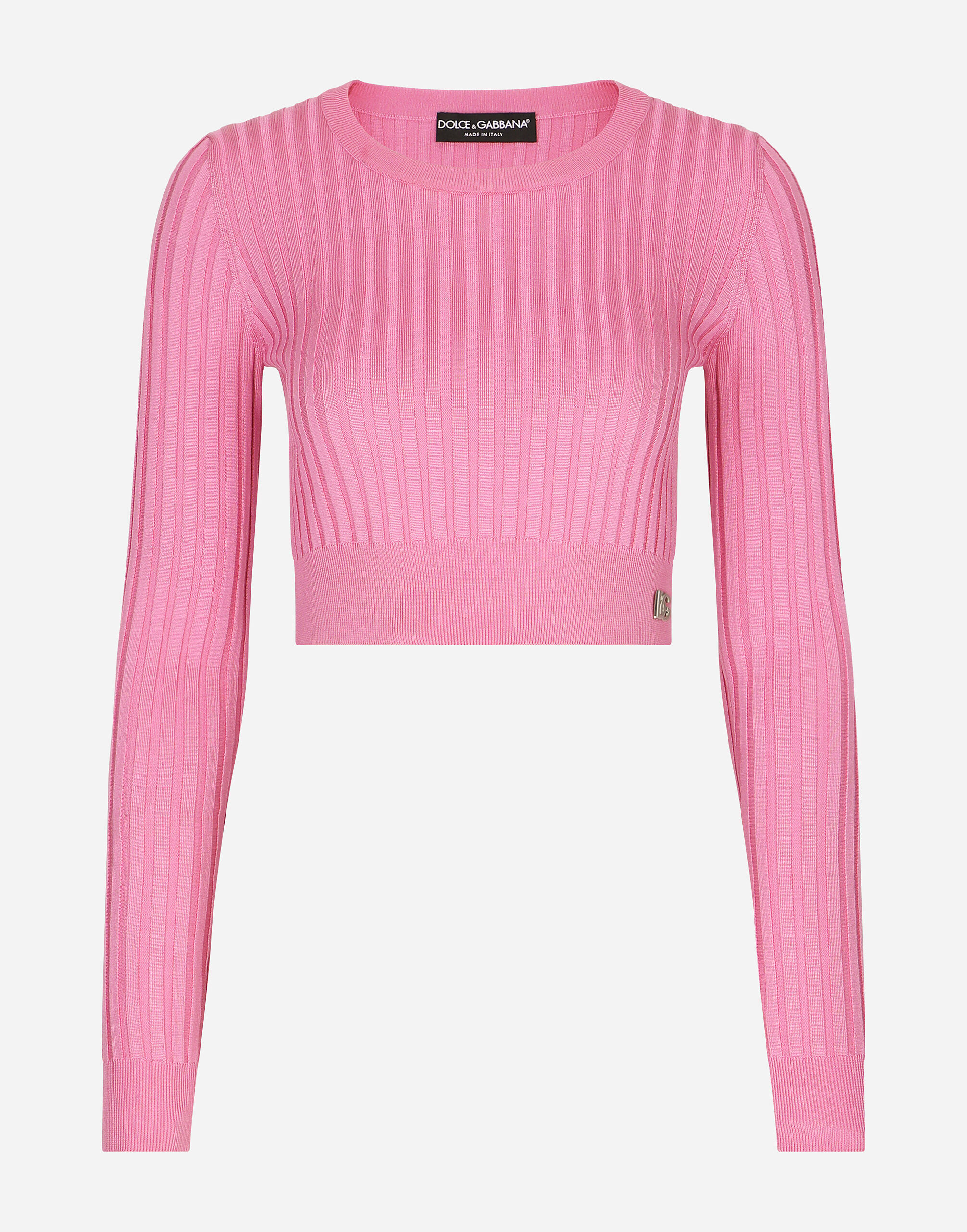 Dolce & Gabbana Cropped sweater in ribbed silk Pink F79DATFMMHN