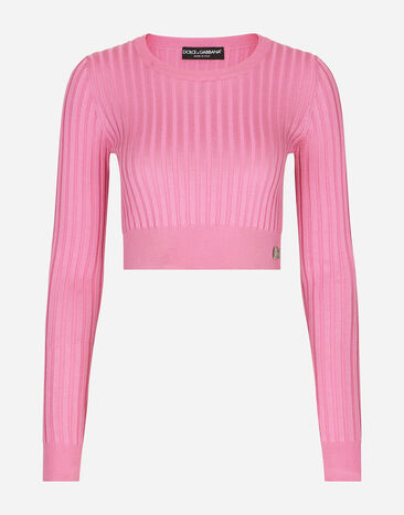 Dolce & Gabbana Cropped sweater in ribbed silk Pink F6DIHTFURAG