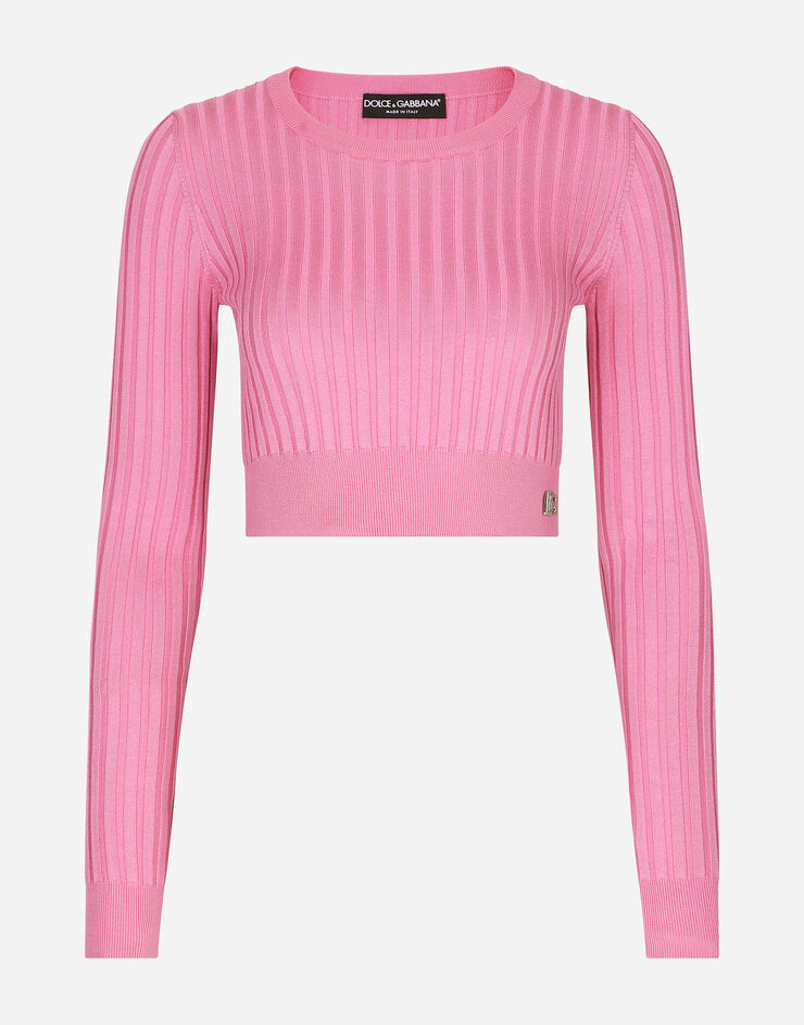 Dolce&Gabbana Cropped sweater in ribbed silk Pink FXL39TJBSE8